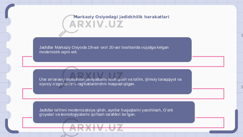 Markaziy Osiyodagi jadidchilik harakatlari Jadidlar Markaziy Osiyoda 19-asr oxiri 20-asr boshlarida vujudga kelgan modernistik oqim edi. Ular an&#39;anaviy musulmon jamiyatlarini isloh qilish va ta&#39;lim, ijtimoiy taraqqiyot va siyosiy o&#39;zgarishlarni rag&#39;batlantirishni maqsad qilgan. Jadidlar taʼlimni modernizatsiya qilish, ayollar huquqlarini yaxshilash, Gʻarb gʻoyalari va texnologiyalarini qoʻllash tarafdori boʻlgan. 