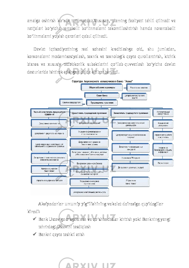 amalga oshirish ko’zda tutilmoqda. Xususan, ularning faoliyati tahlil qilinadi va natijalari bo’yicha rentabelli bo’linmalarni takomillashtirish hamda norentabelli bo’linmalarni yopish qarorlari qabul qilinadi.       Davlat iqtisodiyotining real sohasini kreditlashga oid, shu jumladan, korxonalarni modernizasiyalash, texnik va texnologik qayta qurollantirish, kichik biznes va xususiy tadbirkorlik subektlarini qo’llab-quvvatlash bo’yicha davlat dasturlarida ishtirok etishga alohida e’tibor beriladi. Aksiyadorlar umumiy yig’ilishining vakolat doirasiga quyidagilar kiradi:  Bank Ustaviga o’zgartirish va qo’shimchalar kiritish yoki Bankning yangi tahrirdagi Ustavini tasdiqlash  Bankni qayta tashkil etish 