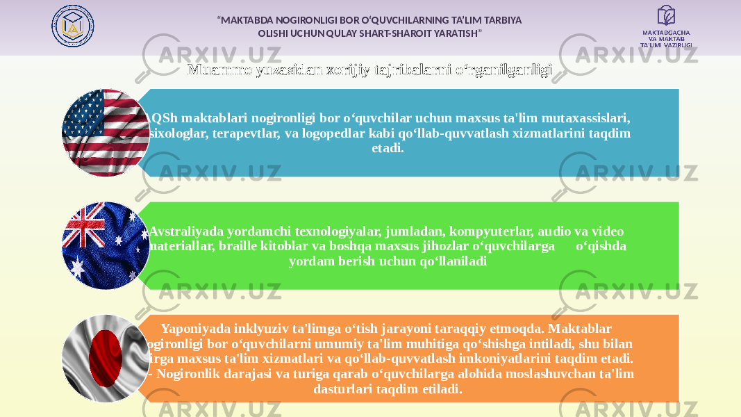 “ MAKTABDA NOGIRONLIGI BOR O‘QUVCHILARNING TA’LIM TARBIYA OLISHI UCHUN QULAY SHART-SHAROIT YARATISH ” . AQSh maktablari nogironligi bor o ‘quvchilar uchun maxsus ta&#39;lim mutaxassislari, psixologlar, terapevtlar, va logopedlar kabi qo‘llab-quvvatlash xizmatlarini taqdim etadi. Avstraliyada yordamchi texnologiyalar, jumladan, kompyuterlar, audio va video materiallar, braille kitoblar va boshqa maxsus jihozlar o ‘quvchilarga o‘qishda yordam berish uchun qo‘llaniladi Yaponiyada inklyuziv ta&#39;limga o ‘tish jarayoni taraqqiy etmoqda. Maktablar nogironligi bor o‘quvchilarni umumiy ta&#39;lim muhitiga qo‘shishga intiladi, shu bilan birga maxsus ta&#39;lim xizmatlari va qo‘llab-quvvatlash imkoniyatlarini taqdim etadi. - Nogironlik darajasi va turiga qarab o‘quvchilarga alohida moslashuvchan ta&#39;lim dasturlari taqdim etiladi.Muammo yuzasidan xorijiy tajribalarni o‘rganilganligi 