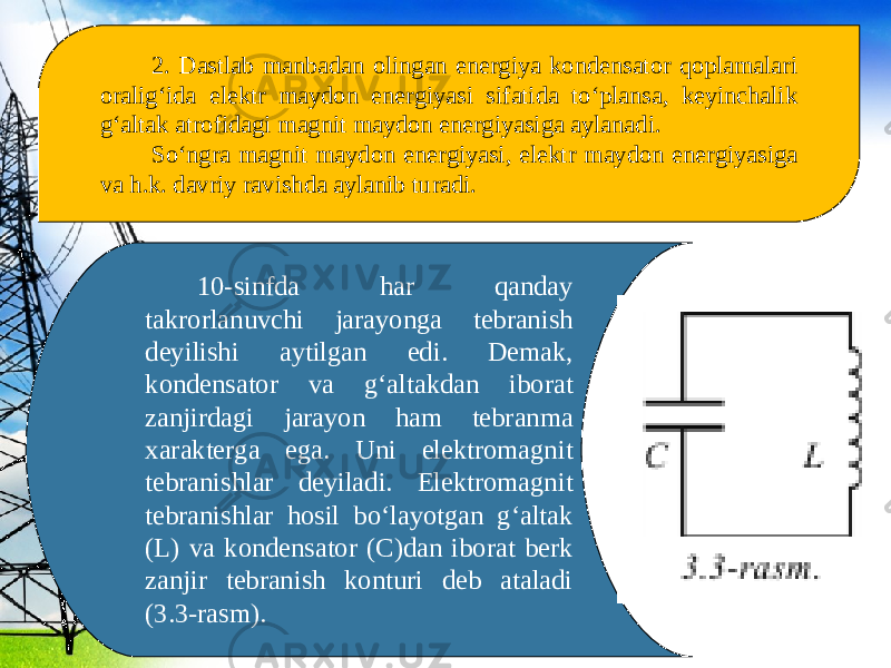 2. Dastlab manbadan olingan energiya kondensator qoplamalari oralig‘ida elektr maydon energiyasi sifatida to‘plansa, keyinchalik g‘altak atrofidagi magnit maydon energiyasiga aylanadi. So‘ngra magnit maydon energiyasi, elektr maydon energiyasiga va h.k. davriy ravishda aylanib turadi. 10-sinfda har qanday takrorlanuvchi jarayonga tebranish deyilishi aytilgan edi. Demak, kondensator va g‘altakdan iborat zanjirdagi jarayon ham tebranma xarakterga ega. Uni elektromagnit tebranishlar deyiladi. Elektromagnit tebranishlar hosil bo‘layotgan g‘altak (L) va kondensator (C)dan iborat berk zanjir tebranish konturi deb ataladi (3.3-rasm). 