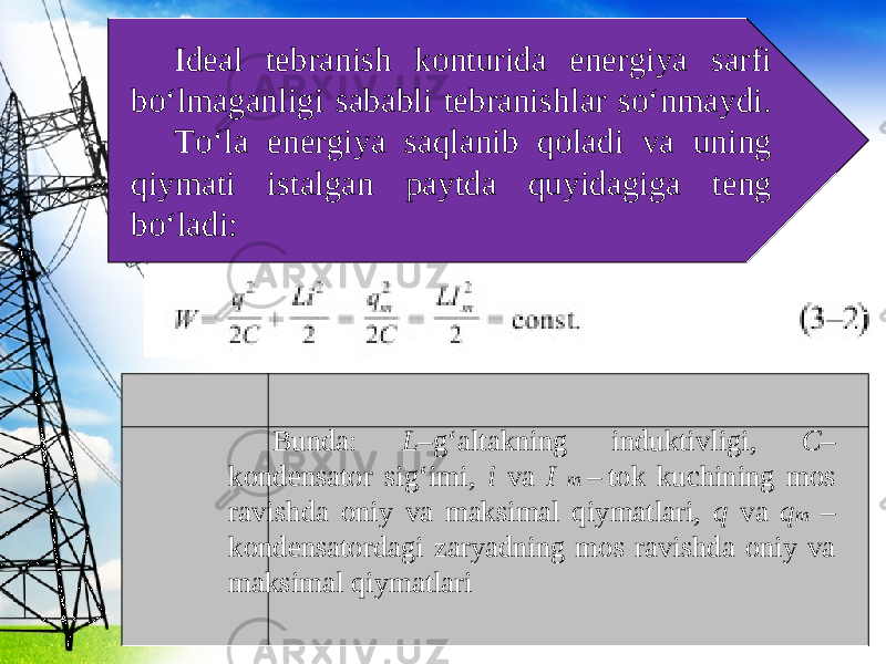 Ideal tebranish konturida energiya sarfi bo‘lmaganligi sababli tebranishlar so‘nmaydi. To‘la energiya saqlanib qoladi va uning qiymati istalgan paytda quyidagiga teng bo‘ladi: Bunda: L –g‘altakning induktivligi, C – kondensator sig‘imi, i va I m  – tok kuchining mos ravishda oniy va maksimal qiymatlari, q va q m – kondensatordagi zaryadning mos ravishda oniy va maksimal qiymatlari 