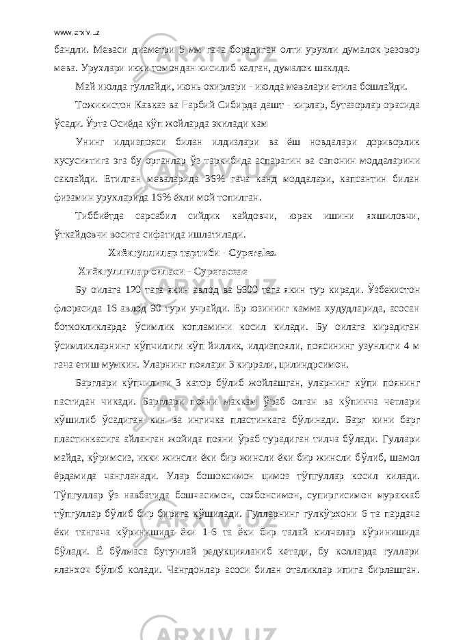 www.arxiv.uz бандли. Меваси диаметри 5 мм гача борадиган олти урухли думалок резовор мева. Урухлари икки томондан кисилиб келган, думалок шаклда. Май июлда гуллайди, июнь охирлари - июлда мевалари етила бошлайди. Тожикистон Кавказ ва F арбий Сибирда дашт - кирлар, бутазорлар орасида ў сади. Ў рта Осиёда к ў п жойларда экилади кам Унинг илдизпояси билан илдизлари ва ёш новдалари дориворлик хусусиятига эга бу органлар ў з таркибида аспарагин ва сапонин моддаларини саклайди. Етилган меваларида 36% гача канд моддалари, капсантин билан физамин урухларида 16% ёхли мой топилган. Тиббиётда сарсабил сийдик кайдовчи, юрак ишини яхшиловчи, ў ткайдовчи восита сифатида ишлатилади.   Хиёкгуллилар тартиби - Cyperales . Хиёкгуллилар оиласи - Cyperaceae Бу оилага 120 тага якин авлод ва 5600 тага якин тур киради. Ў збекистон флорасида 16 авлод 90 тури учрайди. Ер юзининг камма худудларида, асосан боткокликларда ў симлик копламини косил килади. Бу оилага кирадиган ў симликларнинг к ў пчилиги к ў п йиллик, илдизпояли, поясининг узунлиги 4 м гача етиш мумкин. Уларнинг поялари 3 киррали, цилиндрсимон. Барглари к ў пчилиги 3 катор б ў либ жойлашган, уларнинг к ў пи поянинг пастидан чикади. Барглари пояни маккам ў раб олган ва к ў пинча четлари к ў шилиб ў садиган кин ва ингичка пластинкага б ў линади. Барг кини барг пластинкасига айланган жойида пояни ў раб турадиган тилча б ў лади. Гуллари майда, к ў римсиз, икки жинсли ёки бир жинсли ёки бир жинсли б ў либ, шамол ёрдамида чангланади. Улар бошоксимон цимоз т ў пгуллар косил килади. Т ў пгуллар ў з навбатида бошчасимон, соябонсимон, супиргисимон мураккаб т ў пгуллар б ў либ бир бирига к ў шилади. Гулларнинг гулк ў рхони 6 та пардача ёки тангача к ў ринишида ёки 1-6 та ёки бир талай килчалар к ў ринишида б ў лади. Ё б ў лмаса бутунлай редукцияланиб кетади, бу колларда гуллари яланхоч б ў либ колади. Чангдонлар асоси билан оталиклар ипига бирлашган. 
