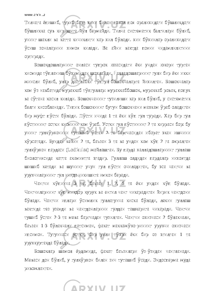 www.arxiv.uz Тилчага ёпишиб, туриб барг кини билан похол поя оралихидаги б ў шликдаги б ў шликка сув киришига й ў л бермайди. Тилча систематик белгилари б ў либ, унинг шакли ва катта кичиклиги кар хил б ў лади. хин б ў хинлар оралихидаги ў сиш зоналарини химоя килади. Ва айни вактда пояни чидамлилигини ортиради. Бошокдошларнинг оиласи тупрок юзасидаги ёки ундан юкори турган кисмида т ў планиш б ў химидан шохлайди. F алладошларнинг гули бир ёки икки жинсли б ў либ, улар дастлабки т ў пгул-бошокчаларга йихилган. Бошокчалар кам ў з навбатида мураккаб т ў пгуллар: мураккаббошок, мураккаб ровак, попук ва с ў тана косил килади. Бошокчанинг тузилиши кар хил б ў либ, у систематик белги кисобланади. Типик бошокнинг бутун бошокчани махкам ў раб оладиган бир жуфт п ў сти б ў лади. П ў сти ичида 1 та ёки к ў п гул туради. Хар бир гул п ў стининг остки кисмини кам ў раб. Устки гул п ў стининг 2 та кирраси бор: бу унинг гулк ў рхонини туташиб ў сган 2 та баргчасидан иборат экан ишчини к ў рсатади. Бундан кейин 2 та, баъзан 3 та ва ундан кам к ў п 2 га ажралган гулк ў рхон пардаси ( Lodikulae ) жойлашган. Бу парда халладошларнинг гуллаш биологиясида катта акамиятга эгадир. Гуллаш олдидан пардалар нихоятда шишиб кетади ва шунинг учун гул п ў сти очиладиган, бу эса чангчи ва урухчиларнинг гул ичида чикишига имкон беради. Чангчи к ў пинча 3 та, баъзан 1, 2, 6 та ёки ундан к ў п б ў лади. Чангчиларнинг к ў п микдор курук ва енгил чанг чикарадиган йирик чангдони б ў лади. Чангчи иплари ў симлик гуллагунча киска б ў лади, лекин гуллаш вактида тез узаяди ва чангдонларини гулдан ташкарига чикаради. Чангчи тушиб ў сган 2-3 та мева баргчадан тузилган. Чангчи охизчаси 2 б ў лакчали, баъзан 1-3 б ў лакчали патсимон, факат маккаж ў хо-рининг урухчи охизчаси ипсимон. Тугунчаси устки, бир уяли т ў хри ёки бир оз эгилган 1 та урухкуртакда б ў лади. Бошоклар шамол ёрдамида, факат баъзилари ў з- ў зидан чангланади. Меваси дон б ў либ, у гулк ў рхон билан зич туташиб ў сади. Эндосперма жуда ривожланган. 