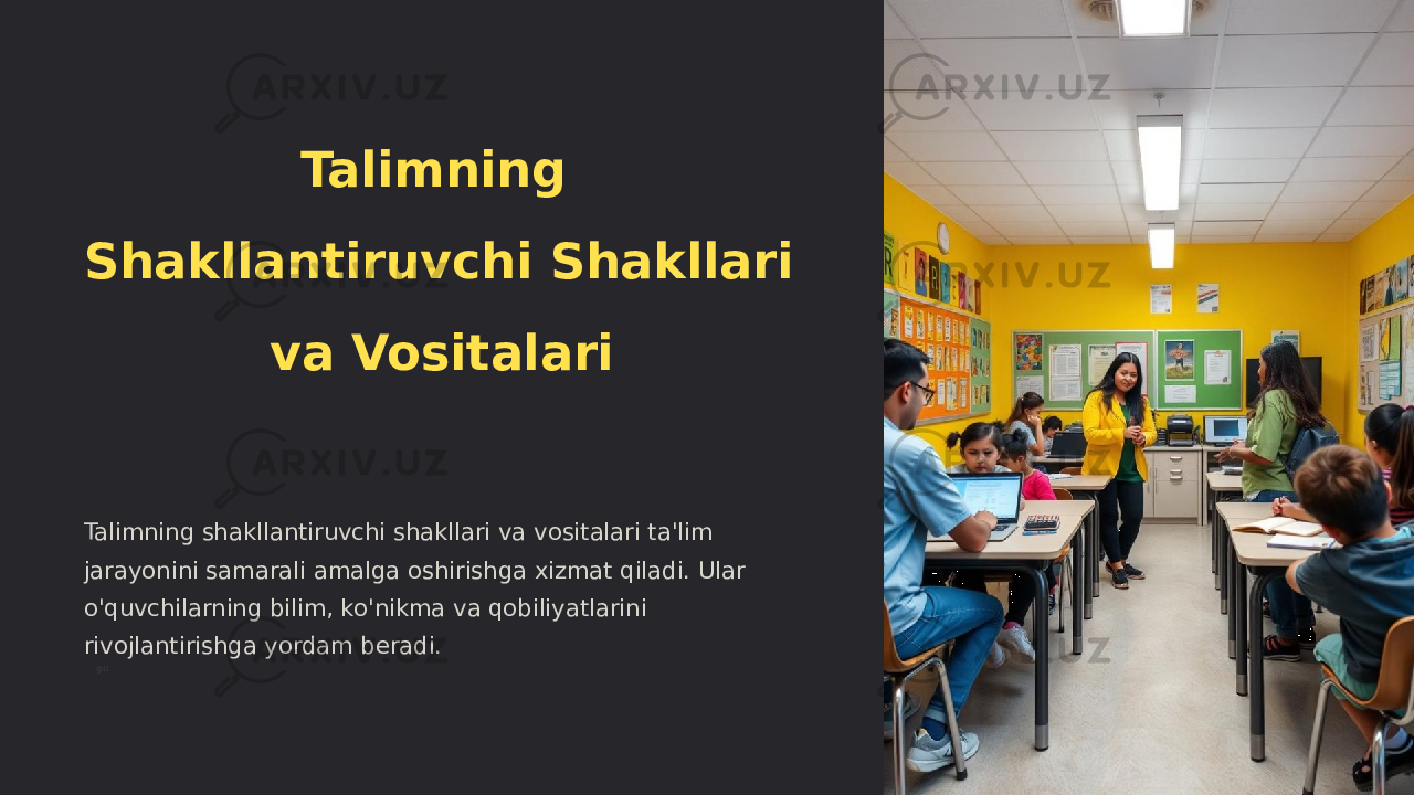 Talimning Shakllantiruvchi Shakllari va Vositalari Talimning shakllantiruvchi shakllari va vositalari ta&#39;lim jarayonini samarali amalga oshirishga xizmat qiladi. Ular o&#39;quvchilarning bilim, ko&#39;nikma va qobiliyatlarini rivojlantirishga yordam beradi. gu 