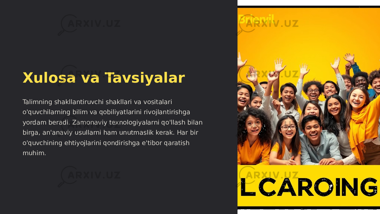 Xulosa va Tavsiyalar Talimning shakllantiruvchi shakllari va vositalari o&#39;quvchilarning bilim va qobiliyatlarini rivojlantirishga yordam beradi. Zamonaviy texnologiyalarni qo&#39;llash bilan birga, an&#39;anaviy usullarni ham unutmaslik kerak. Har bir o&#39;quvchining ehtiyojlarini qondirishga e&#39;tibor qaratish muhim. 