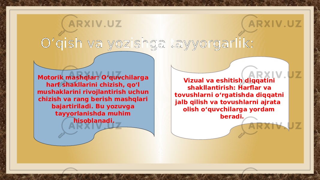  O‘qish va yozishga tayyorgarlik: Motorik mashqlar: O‘quvchilarga harf shakllarini chizish, qo‘l mushaklarini rivojlantirish uchun chizish va rang berish mashqlari bajartiriladi. Bu yozuvga tayyorlanishda muhim hisoblanadi. Vizual va eshitish diqqatini shakllantirish: Harflar va tovushlarni o‘rgatishda diqqatni jalb qilish va tovushlarni ajrata olish o‘quvchilarga yordam beradi. 