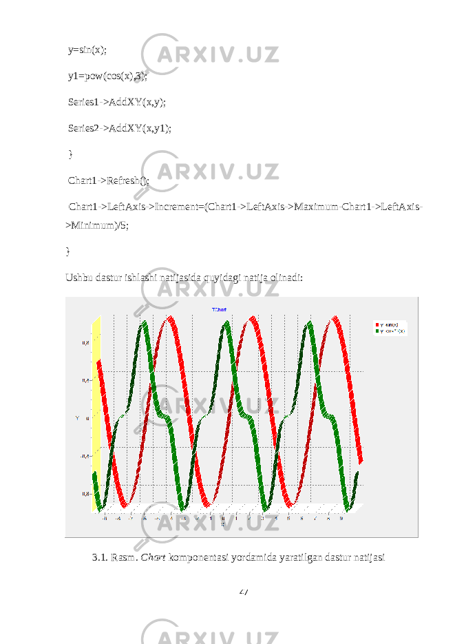  y=sin(x); y1=pow(cos(x),3); Series1->AddXY(x,y); Series2->AddXY(x,y1); } Chart1->Refresh(); Chart1->LeftAxis->Increment=(Chart1->LeftAxis->Maximum-Chart1->LeftAxis- >Minimum)/5; } Ushbu dastur ishlashi natijasida quyidagi natija olinadi: 3.1. Rasm. Chart komponentasi yordamida yaratilgan dastur natijasi 47 