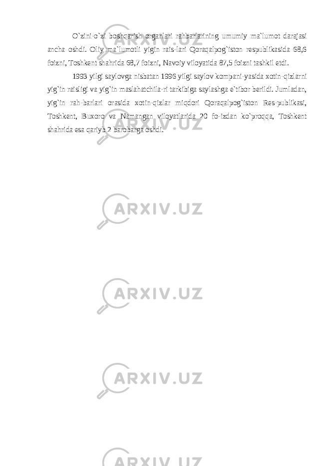 O`zini-o`zi boshqarish organlari rahbarlarining umumiy ma`lumot darajasi ancha oshdi. Oliy ma`lumotli yigin rais-lari Qoraqalpog`iston respublikasida 68,6 foizni, Toshkent shahrida 68,7 foizni, Navoiy viloyatida 87,5 foizni tashkil etdi. 1993 yilgi saylovga nisbatan 1996 yilgi saylov kompani-yasida xotin-qizlarni yig`in raisligi va yig`in maslahatchila-ri tarkibiga saylashga e`tibor berildi. Jumladan, yig`in rah-barlari orasida xotin-qizlar miqdori Qoraqalpog`iston Res-publikasi, Toshkent, Buxoro va Namangan viloyatlarida 20 fo-izdan ko`proqqa, Toshkent shahrida esa qariyb 2 barobarga oshdi. 