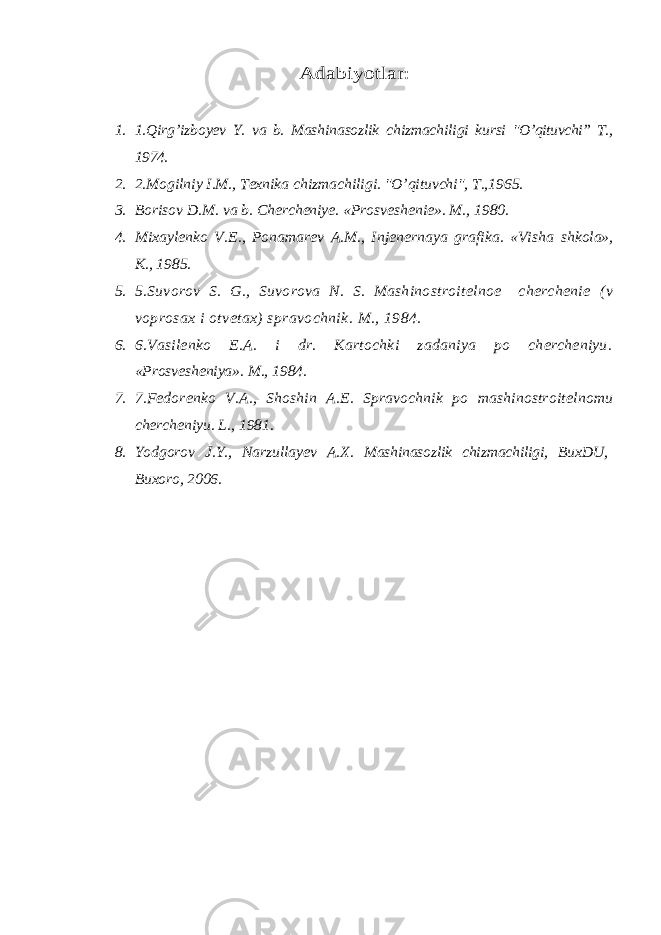 Adabiyotlar:1. 1.Qirg’izboyev Y. va b. Mashinasozlik chizmachiligi kursi &#34;O’qituvchi” T., 1974. 2. 2.Mogilniy I.M., Texnika chizmachiligi. &#34;O’qituvchi&#34;, T.,1965. 3. Borisov D.M. va b. Chercheniyе. «Prosveshenie». M., 1980. 4. Mixaylenko V.E., Ponamarev A.M., Injenernaya grafika. «Visha shkola», K., 1985. 5. 5.Suvorov S. G., Suvorova N. S. Mashinostroitelnoe cherchenie (v voprosax i otvetax) spravochnik. M., 1984. 6. 6.Vasilenko E.A. i dr. Kartochki zadaniya po chercheniyu. «Prosvesheniya». M., 1984. 7. 7.Fedorenko V.A., Shoshin A.E. Spravochnik po mashinostroitel nomu chercheniyu. L., 1981. 8. Yodgorov J.Y., Narzullayev A.X. Mashinasozlik chizmachiligi, BuxDU, Buxoro, 2006. 