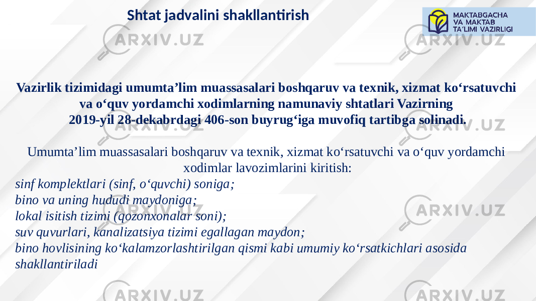 Shtat jadvalini shakllantirish Vazirlik tizimidagi umumta’lim muassasalari boshqaruv va texnik, xizmat ko‘rsatuvchi va o‘quv yordamchi xodimlarning namunaviy shtatlari Vazirning 2019-yil 28-dekabrdagi 406-son buyrug‘iga muvofiq tartibga solinadi. Umumta’lim muassasalari boshqaruv va texnik, xizmat ko‘rsatuvchi va o‘quv yordamchi xodimlar lavozimlarini kiritish: sinf komplektlari (sinf, o‘quvchi) soniga; bino va uning hududi maydoniga; lokal isitish tizimi (qozonxonalar soni); suv quvurlari, kanalizatsiya tizimi egallagan maydon; bino hovlisining ko‘kalamzorlashtirilgan qismi kabi umumiy ko‘rsatkichlari asosida shakllantiriladi 