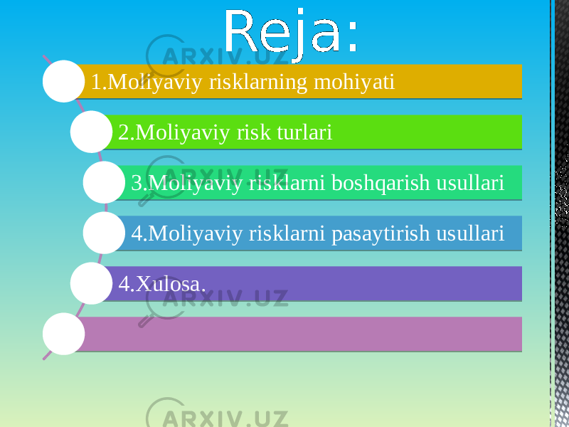 1.Moliyaviy risklarning mohiyati 2.Moliyaviy risk turlari 3.Moliyaviy risklarni boshqarish usullari 4.Moliyaviy risklarni pasaytirish usullari 4.Xulosa. Reja:0102 1302 1502 1802 1802 