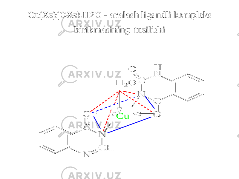 Cu(Xz)(OXz).H2O - aralash ligandli kompleks birikmasining tuzilishiC N C N O N C H N C O C u O H 2 O H 