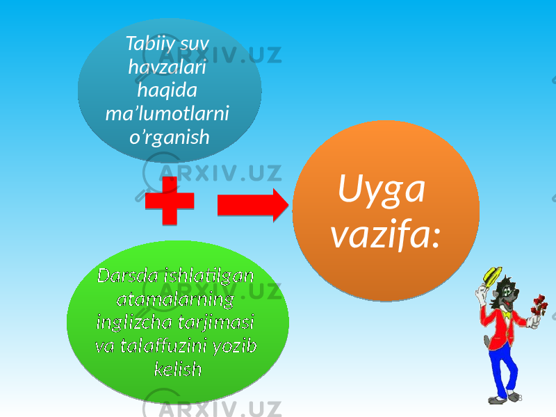 Tabiiy suv havzalari haqida ma’lumotlarni o’rganish Darsda ishlatilgan atamalarning inglizcha tarjimasi va talaffuzini yozib kelish Uyga vazifa: 802 0A0309 0A030E050F0301 10 1211 16 0313 0514150C05 09 1B 1D0615 0903 