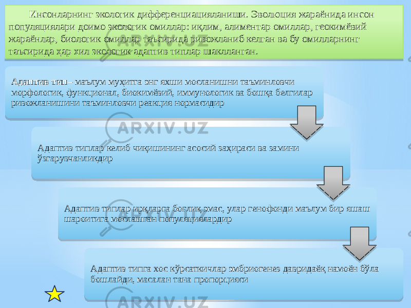 Инсонларнинг экологик дифференциацияланиши. Эволюция жараёнида инсон популяциялари доимо экологик омиллар: иқлим, алиментар омиллар, геокимёвий жараёнлар, биологик омиллар таъсирида ривожланиб келган ва бу омилларнинг таъсирида ҳар хил экологик адаптив типлар шаклланган. Адаптив тип – маълум муҳитга энг яхши мосланишни таъминловчи морфологик, функционал, биокимёвий, иммунологик ва бошқа белгилар ривожланишини таъминловчи реакция нормасидир Адаптив типлар келиб чиқишининг асосий заҳираси ва замини ўзгарувчанликдир Адаптив типлар ирқларга боғлиқ эмас, улар генофонди маълум бир яшаш шароитига мослашган популяциялардир Адаптив типга хос кўрсаткичлар эмбриогенез давридаёқ намоён бўла бошлайди, масалан тана пропорцияси21 0E 27 13 2C 2D03 12 0F0914 38 19 38 1A 38 1D 