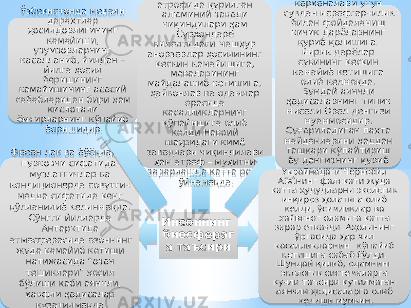 Инсоннинг биосфераг а таъсириФреон лак ва бўёқларни пурковчи сифатида, музлатгичлар ва кондиционерда совутгич модда сифатида кенг қўлланилиб келинмоқда. Сўнгги йилларда Антарктида атмосферасида озоннинг жуда камайиб кетиши натижасида “озон тешиклари” ҳосил бўлиши каби аянчли, хавфли ҳодисалар кузатилмоқда.Ўзбекистонда мевали дарахтлар ҳосилдорлигининг камайиши, узумзорларнинг касалланиб, йилдан – йилга ҳосил беришининг камайишининг асосий сабабларидан бири ҳам кислотали ёмғирларнинг кўпайиб боришидир. Тожикистоннинг Турсунзода шаҳри атрофида қурилган алюминий заводи чиқиндилари ҳам Сурхондарё вилоятидаги машҳур анорзорлар ҳосилининг кескин камайишига, меваларининг майдалашиб кетишига, ҳайвонлар ва одамлар орасида касалликларнинг кўпайишига олиб келди.Навоий шаҳридаги кимё заводлари чиқиндилари ҳам атроф – муҳитни зарарлашда катта роль ўйнамоқда. Суғориш ва саноат корхоналари учун сувдан исрофгарчилик билан фойдаланиш кичик дарёларнинг қуриб қолишига, йирик дарёлар сувининг кескин камайиб кетишига олиб келмоқда. Бундай аянчли ҳодисаларнинг типик мисоли Орол денгизи муаммосидир. Суғориладиган пахта майдонларини ҳаддан ташқари кўпайтириш бу денгизнинг қуриб қолиши хавфини туғдирмоқда.Украинадаги Чернобил АЭСнинг фалокати жуда катта ҳудудларни экологик инқироз ҳолатига олиб келди, ўсимликлар ва ҳайвонот оламига катта зарар етказди. Аҳолининг ўртасида ҳар хил касалликларнинг кўпайиб кетишига сабаб бўлди. Шундай қилиб, одамнинг экологик системаларга кучли таъсири кутилмаган аянчли ҳодисаларга олиб келиши мумкин.2B 02 17 4C 14 02 19 02 17 2C 34 0C15 0E11 05 15 27 1B 19 20 0B 2A 19 11 19 0A 27 19 0F 19 1C 27 2B 2B 0C15 0C04 12 2C 21 0C05 19 02 02 2A 09 19 19 19 1F 220C21 2A 220C 28 2C 19 0F11 27 19 17 0A 0F 19 09 25 2A 02 02 2C 02 15 27 17 15 52 34 19 03 19 2A 22 28 19 19 5F 23 19 0C1D 19 