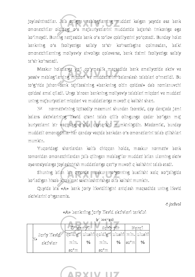 joylashtiradilar. Jalb etilgan mablag’larning muddati kelgan paytda esa bank omonatchilar oldidagi o’z majburiyatlarini muddatida bajarish imkoniga ega bo’lmaydi. Buning natijasida bank o’z to’lov qobiliyatini yo’qotadi. Bunday holat bankning o’z faoliyatiga salbiy ta’sir ko’rsatibgina qolmasdan, balki omonatchilarning moliyaviy ahvoliga qolaversa, bank tizimi faoliyatiga salbiy ta’sir ko’rsatadi. Mazkur holatlarga yo’l qo’ymaslik maqsadida bank amaliyotida aktiv va passiv mablag’larning miqdori va muddatlarini balanslash talablari o’rnatildi. Bu to’g’rida jahon bank tajribasining «bankning oltin qoidasi» deb nomlanuvchi qoidasi amal qiladi. Unga binoan bankning moliyaviy talablari miqdori va muddati uning majburiyatlari miqdori va muddatlariga muvofi q kelishi shart. N4 – normativining iqtisodiy mazmuni shundan iboratki, qay darajada jami balans aktivlarining likvid qismi talab qilib olingunga qadar bo’lgan maj buriyatlarni bir vaqtning o’zida qaytarishi mumkinligidir. Madomiki, bunday muddatli omonatchilar har qanday vaqtda bankdan o’z omonatlarini talab qilishlari mumkin. Yuqoridagi shartlardan kelib chiqqan holda, mazkur normativ bank tomonidan omonatchilardan jalb qilingan mablag’lar muddati bilan ularning aktiv operatsiyalarga joylashtirish muddatlariga qat’iy muvofi q kelishini talab etadi. Shuning bilan bir qatorda mazkur me’yorning buzilishi xalq xo’jaligida bo’ladigan hisob-kitoblarni sekinlashtirishga olib kelishi mumkin. Quyida biz «A» bank joriy likvidliligini aniqlash maqsadida uning likvid aktivlarini o’rganamiz. 4-jadval « A» bankning joriy likvid aktivlari tarkibi (yil boshiga) № Joriy likvid aktivlar O’tgan yil Joriy yil Farqi qoldig’i mln. so’m ulushi % qoldig’i mln. so’m ulushi % mln. so’m ulushi % 