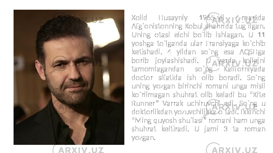 Xolid Xusayniy Xolid Husayniy 1965-yil 4-martda Afg`onistonning Kobul shahrida tug`ilgan. Uning otasi elchi bo`lib ishlagan. U 11 yoshga to`lganda ular Fransiyaga ko`chib ketishadi. 4 yildan so`ng esa AQSHga borib joylashishadi. U yerda kollejni tamomlagandan so`ng Kaliforniyada doctor sifatida ish olib boradi. So`ng uning yozgan birinchi romani unga misli ko`rilmagan shuhrat olib keladi bu “Kite Runner” Varrak uchiruvchi edi. So`ng u doktorlikdan yozuvchilikka o`tadi. Ikkinchi “Ming quyosh shu`lasi” romani ham unga shuhrat keltiradi. U jami 3 ta roman yozgan. 
