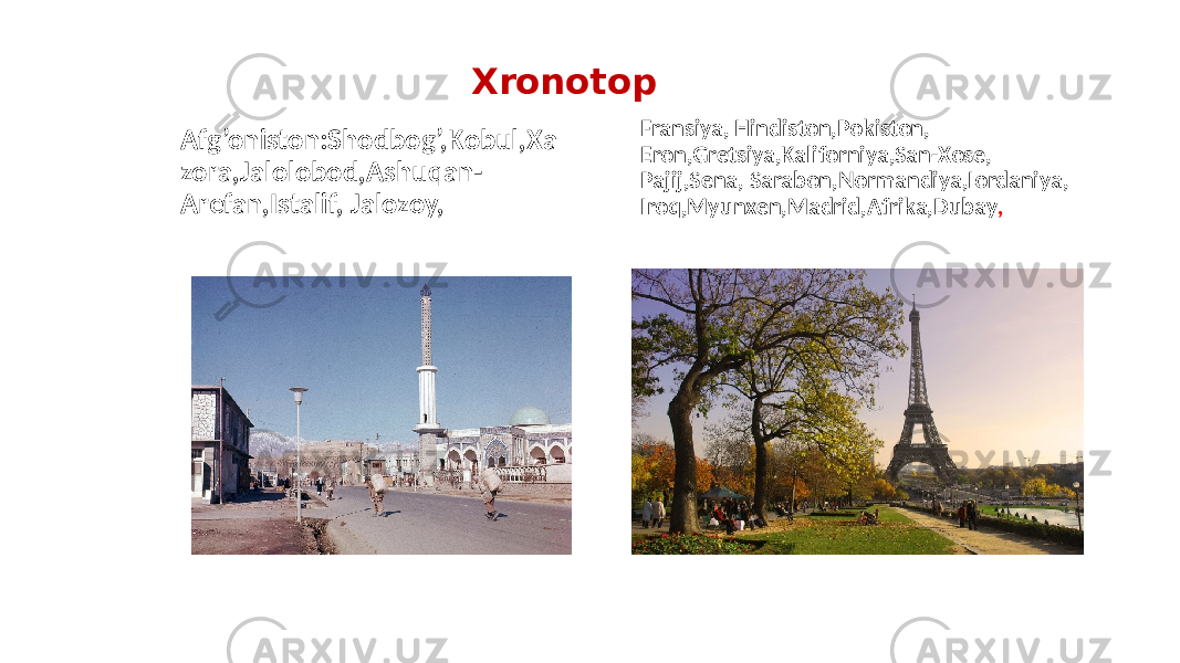  Xronotop Afg’oniston:Shodbog’,Kobul,Xa zora,Jalolobod,Ashuqan- Arefan,Istalif, Jalozoy, Fransiya, Hindiston,Pokiston, Eron,Gretsiya,Kaliforniya,San-Xose, Pajij,Sena, Sarabon,Normandiya,Iordaniya, Iroq,Myunxen,Madrid,Afrika,Dubay , 