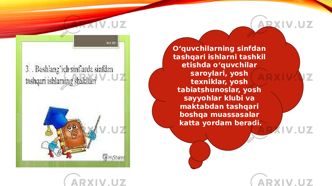 Oʻquvchilarning sinfdan tashqari ishlarni tashkil etishda oʻquvchilar saroylari, yosh texniklar, yosh tabiatshunoslar, yosh sayyohlar klubi va maktabdan tashqari boshqa muassasalar katta yordam beradi. 