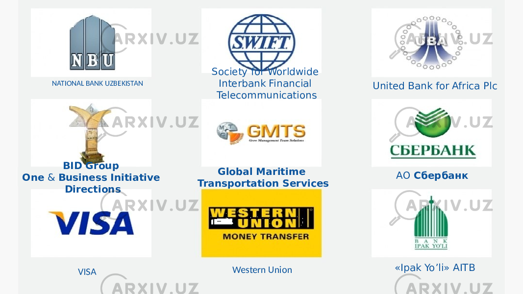 NATIONAL BANK UZBEKISTAN Society for Worldwide Interbank Financial Telecommunications United Bank for Africa Plc BID Group One  &  Business Initiative Directions Global Maritime Transportation Services АО  Сбербанк VISA Western Union «Ipak Yo’li» AITB 