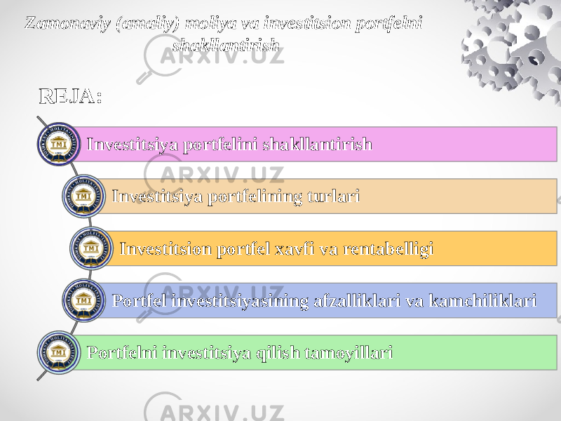 REJA: Investitsiya portfelini shakllantirish Investitsiya portfelining turlari Investitsion portfel xavfi va rentabelligi Portfel investitsiyasining afzalliklari va kamchiliklari Portfelni investitsiya qilish tamoyillariZamonaviy (amaliy) moliya va investitsion portfelni shakllantirish 