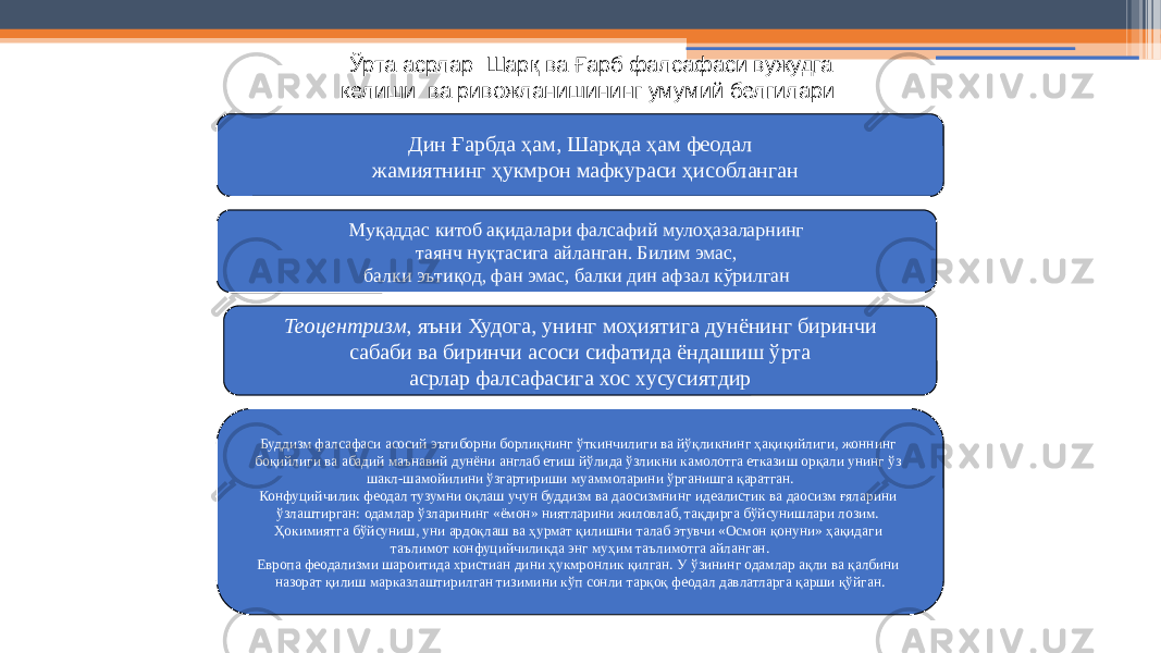 28Ўрта асрлар Шарқ ва Ғарб фалсафаси вужудга келиши ва ривожланишининг умумий белгилари: : Дин Ғарбда ҳам, Шарқда ҳам феодал жамиятнинг ҳукмрон мафкураси ҳисобланган Муқаддас китоб ақидалари фалсафий мулоҳазаларнинг таянч нуқтасига айланган. Билим эмас, балки эътиқод, фан эмас, балки дин афзал кўрилган Теоцентризм , яъни Худога, унинг моҳиятига дунёнинг биринчи сабаби ва биринчи асоси сифатида ёндашиш ўрта асрлар фалсафасига хос хусусиятдир Буддизм фалсафаси асосий эътиборни борлиқнинг ўткинчилиги ва йўқликнинг ҳақиқийлиги, жоннинг боқийлиги ва абадий маънавий дунёни англаб етиш йўлида ўзликни камолотга етказиш орқали унинг ўз шакл-шамойилини ўзгартириши муаммоларини ўрганишга қаратган. Конфуцийчилик феодал тузумни оқлаш учун буддизм ва даосизмнинг идеалистик ва даосизм ғяларини ўзлаштирган: одамлар ўзларининг «ёмон» ниятларини жиловлаб, тақдирга бўйсунишлари лозим. Ҳокимиятга бўйсуниш, уни ардоқлаш ва ҳурмат қилишни талаб этувчи «Осмон қонуни» ҳақидаги таълимот конфуцийчиликда энг муҳим таълимотга айланган. Европа феодализми шароитида христиан дини ҳукмронлик қилган. У ўзининг одамлар ақли ва қалбини назорат қилиш марказлаштирилган тизимини кўп сонли тарқоқ феодал давлатларга қарши қўйган. 