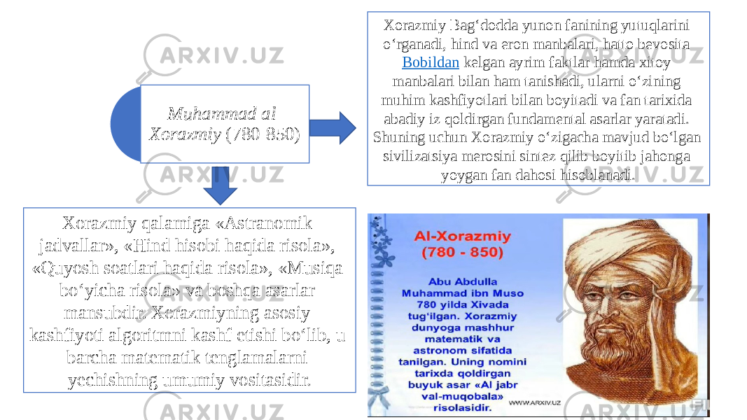 Muhammad al- Xorazmiy (780-850) Xorazmiy Bagʻdodda yunon fanining yutuqlarini oʻrganadi, hind va eron manbalari, hatto bevosita  Bobildan  kelgan ayrim faktlar hamda xitoy manbalari bilan ham tanishadi, ularni oʻzining muhim kashfiyotlari bilan boyitadi va fan tarixida abadiy iz qoldirgan fundamental asarlar yaratadi. Shuning uchun Xorazmiy oʻzigacha mavjud boʻlgan sivilizatsiya merosini sintez qilib boyitib jahonga yoygan fan dahosi hisoblanadi. Xorazmiy qalamiga «Astranomik jadvallar», «Hind hisobi haqida risola», «Quyosh soatlari haqida risola», «Musiqa bo‘yicha risola» va boshqa asarlar mansubdir. Xorazmiyning asosiy kashfiyoti algoritmni kashf etishi bo‘lib, u barcha matematik tenglamalarni yechishning umumiy vositasidir. 6 