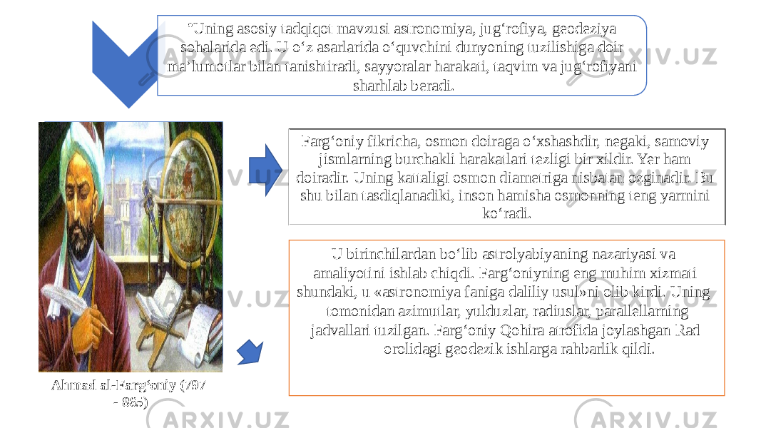 • Uning asosiy tadqiqot mavzusi astronomiya, jug‘rofiya, geodeziya sohalarida edi. U o‘z asarlarida o‘quvchini dunyoning tuzilishiga doir ma’lumotlar bilan tanishtiradi, sayyoralar harakati, taqvim va jug‘rofiyani sharhlab beradi. Farg‘oniy fikricha, osmon doiraga o‘xshashdir, negaki, samoviy jismlarning burchakli harakatlari tezligi bir xildir. Yer ham doiradir. Uning kattaligi osmon diametriga nisbatan ozginadir. Bu shu bilan tasdiqlanadiki, inson hamisha osmonning teng yarmini ko‘radi. U birinchilardan bo‘lib astrolyabiyaning nazariyasi va amaliyotini ishlab chiqdi. Farg‘oniyning eng muhim xizmati shundaki, u «astronomiya faniga daliliy usul»ni olib kirdi. Uning tomonidan azimutlar, yulduzlar, radiuslar, parallellarning jadvallari tuzilgan. Farg‘oniy Qohira atrofida joylashgan Rad orolidagi geodezik ishlarga rahbarlik qildi. Ahmad al-Farg‘oniy (797 - 865) 