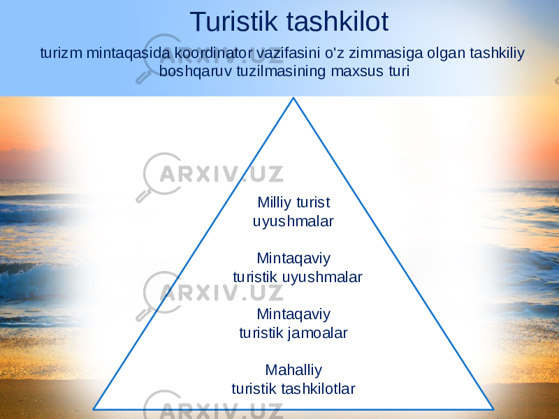 Turistik tashkilot turizm mintaqasida koordinator vazifasini o&#39;z zimmasiga olgan tashkiliy boshqaruv tuzilmasining maxsus turi Milliy turist uyushmalar Mintaqaviy turistik uyushmalar Mintaqaviy turistik jamoalar Mahalliy turistik tashkilotlar 