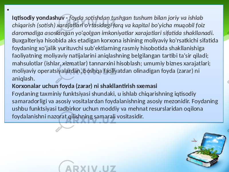 • Iqtisodiy yondashuv - foyda sotishdan tushgan tushum bilan joriy va ishlab chiqarish (sotish) xarajatlari o&#39;rtasidagi farq va kapital bo&#39;yicha muqobil foiz daromadiga asoslangan yo&#39;qolgan imkoniyatlar xarajatlari sifatida shakllanadi. Buxgalteriya hisobida aks etadigan korxona ishining moliyaviy ko&#39;rsatkichi sifatida foydaning xo&#39;jalik yurituvchi sub&#39;ektlarning rasmiy hisobotida shakllanishiga faoliyatning moliyaviy natijalarini aniqlashning belgilangan tartibi ta&#39;sir qiladi; mahsulotlar (ishlar, xizmatlar) tannarxini hisoblash; umumiy biznes xarajatlari; moliyaviy operatsiyalardan, boshqa faoliyatdan olinadigan foyda (zarar) ni aniqlash. Korxonalar uchun foyda (zarar) ni shakllantirish sxemasi Foydaning taxminiy funktsiyasi shundaki, u ishlab chiqarishning iqtisodiy samaradorligi va asosiy vositalardan foydalanishning asosiy mezonidir. Foydaning ushbu funktsiyasi tadbirkor uchun moddiy va mehnat resurslaridan oqilona foydalanishni nazorat qilishning samarali vositasidir.01 1C 08 11 24 14152212 08 35 0E 0E 0A0B1205 0A0F 0B 1E 08 14 05 0205 0E 