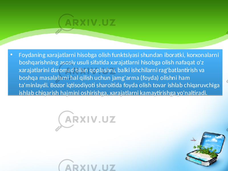 • Foydaning xarajatlarni hisobga olish funktsiyasi shundan iboratki, korxonalarni boshqarishning asosiy usuli sifatida xarajatlarni hisobga olish nafaqat o&#39;z xarajatlarini daromad bilan qoplashni, balki ishchilarni rag&#39;batlantirish va boshqa masalalarni hal qilish uchun jamg&#39;arma (foyda) olishni ham ta&#39;minlaydi. Bozor iqtisodiyoti sharoitida foyda olish tovar ishlab chiqaruvchiga ishlab chiqarish hajmini oshirishga, xarajatlarni kamaytirishga yo&#39;naltiradi. 01 14 16 17 16 1A 0405 08 