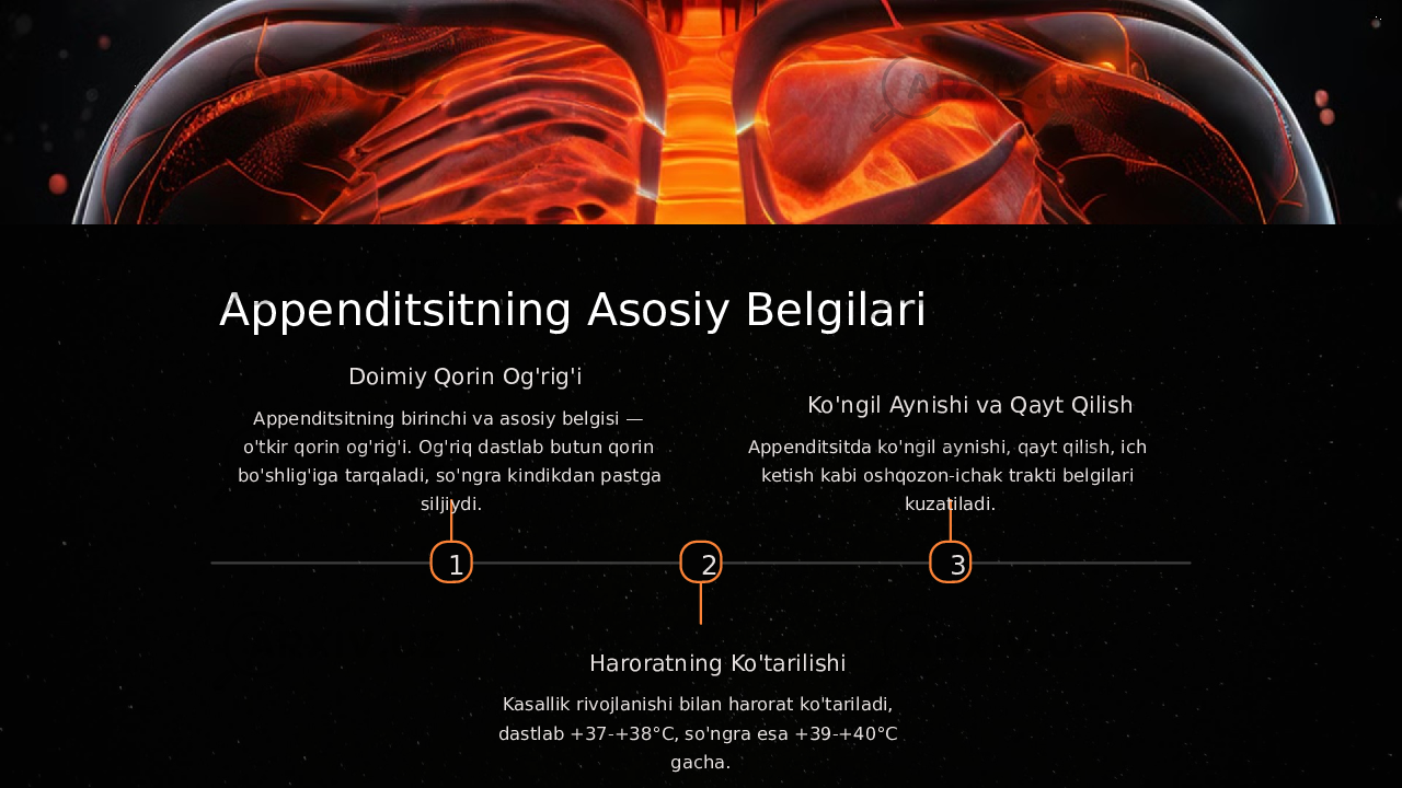 Appenditsitning Asosiy Belgilari 1Doimiy Qorin Og&#39;rig&#39;i Appenditsitning birinchi va asosiy belgisi — o&#39;tkir qorin og&#39;rig&#39;i. Og&#39;riq dastlab butun qorin bo&#39;shlig&#39;iga tarqaladi, so&#39;ngra kindikdan pastga siljiydi. 2 Haroratning Ko&#39;tarilishi Kasallik rivojlanishi bilan harorat ko&#39;tariladi, dastlab +37-+38°C, so&#39;ngra esa +39-+40°C gacha. 3Ko&#39;ngil Aynishi va Qayt Qilish Appenditsitda ko&#39;ngil aynishi, qayt qilish, ich ketish kabi oshqozon-ichak trakti belgilari kuzatiladi. 