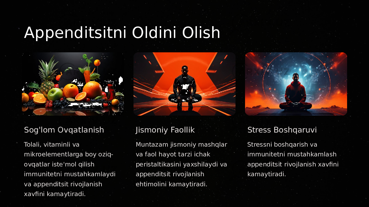 Appenditsitni Oldini Olish Sog&#39;lom Ovqatlanish Tolali, vitaminli va mikroelementlarga boy oziq- ovqatlar iste&#39;mol qilish immunitetni mustahkamlaydi va appenditsit rivojlanish xavfini kamaytiradi. Jismoniy Faollik Muntazam jismoniy mashqlar va faol hayot tarzi ichak peristaltikasini yaxshilaydi va appenditsit rivojlanish ehtimolini kamaytiradi. Stress Boshqaruvi Stressni boshqarish va immunitetni mustahkamlash appenditsit rivojlanish xavfini kamaytiradi. 