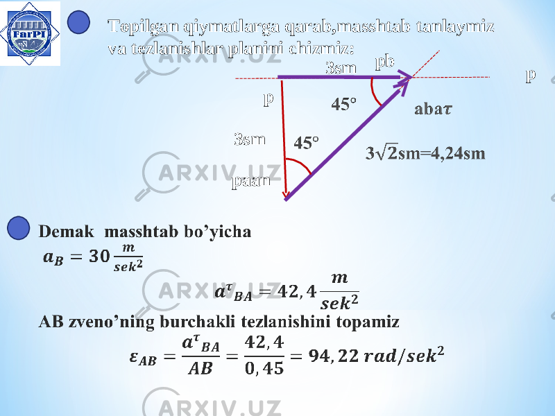 Topilgan qiymatlarga qarab,masshtab tanlaymiz va tezlanishlar planini chizmiz: p paan pb p 3sm 3sm 