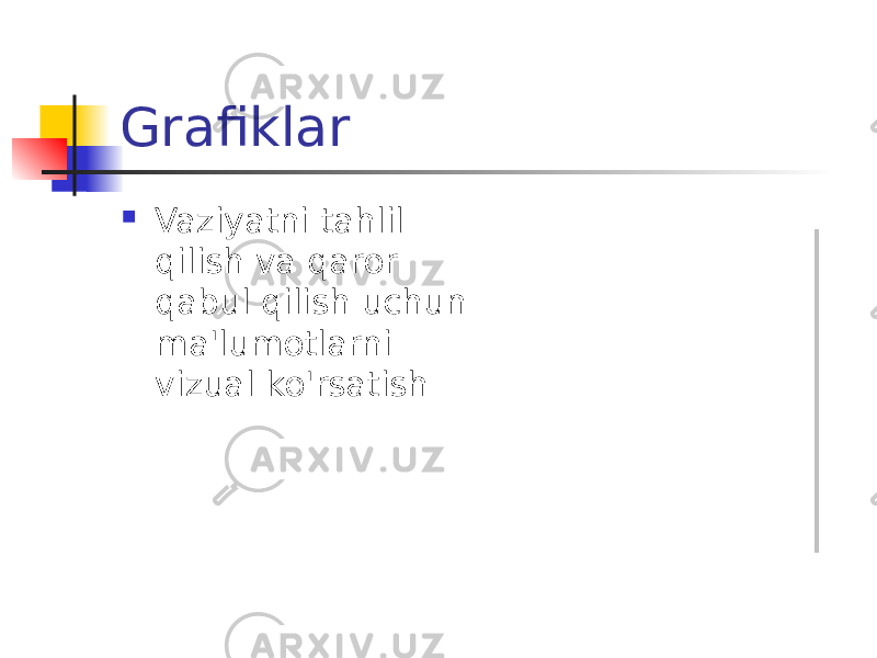 Grafiklar  Vaziyatni tahlil qilish va qaror qabul qilish uchun ma&#39;lumotlarni vizual ko&#39;rsatish 