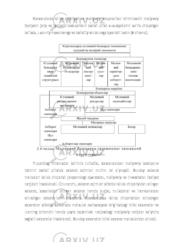 Korxonalarda to`lov qobiliyati va moliyaviy barqarorlikni ta’minlovchi moliyaviy faoliyatni joriy va istiqbolli boshqarishni tashkil qilish xususiyatlarini ko`rib chiqadigan bo`lsak, u zaruriy mexanizmga va tashkiliy strukturaga tayanishi lozim (4-chizma ). Yuqoridagi chizmadan ko`rinib turibdiki, korxonalardan moliyaviy boshqaruv tizimini tashkil qilishda axborot oqimlari muhim rol o`ynaydi. Bunday axborot manbalari ishlab chiqarish jarayonidagi operatsion, moliyaviy va investitsion faoliyat natijalari hisoblanadi. Chunonchi, axborot oqimlari sifatida ishlab chiqarishdan olingan axborot, bozorlardan olingan axborot hamda budjet, mulkdorlar va hamkorlardan olinadigan axborot-larni kuzatamiz. Korxonalarda ishlab chiqarishdan olinadigan axborotlar sifatida korxonada mahsulot realizatsiyasi to`g`risidagi ichki axborotlar va ularning birlamchi hamda qayta taqsimlash natijasidagi moliyaviy natijalar bo`yicha tegishli axborotlar hisoblanadi. Bunday axborotlar ichki axborot manbalaridan olinadi. 