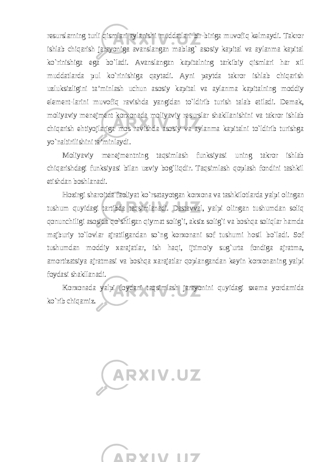 resurslarning turli qismlari aylanishi muddatlari bir-biriga muvofiq kelmaydi. Takror ishlab chiqarish jarayoniga avanslangan mablag` asosiy kapital va aylanma kapital ko`rinishiga ega bo`ladi. Avanslangan kapitalning tarkibiy qismlari har xil muddatlarda pul ko`rinishiga qaytadi. Ayni paytda takror ishlab chiqarish uzluksizligini ta’minlash uchun asosiy kapital va aylanma kapitalning moddiy element-larini muvofiq ravishda yangidan to`ldirib turish talab etiladi. Demak, moliyaviy menejment korxonada moliyaviy resurslar shakllanishini va takror ishlab chiqarish ehtiyojlariga mos ravishda asosiy va aylanma kapitalni to`ldirib turishga yo`naltirilishini ta’minlaydi. Moliyaviy menejmentning taqsimlash funksiyasi uning takror ishlab chiqarishdagi funksiyasi bilan uzviy bog`liqdir. Taqsimlash qoplash fondini tashkil etishdan boshlanadi. Hozirgi sharoitda faoliyat ko`rsatayotgan korxona va tashkilotlarda yalpi olingan tushum quyidagi tartibda taqsimlanadi. Dastavval, yalpi olingan tushumdan soliq qonunchiligi asosida qo`shilgan qiymat solig`i, aksiz solig`i va boshqa soliqlar hamda majburiy to`lovlar ajratilgandan so`ng korxonani sof tushumi hosil bo`ladi. Sof tushumdan moddiy xarajatlar, ish haqi, ijtimoiy sug`urta fondiga ajratma, amortizatsiya ajratmasi va boshqa xarajatlar qoplangandan keyin korxonaning yalpi foydasi shakllanadi. Korxonada yalpi foydani taqsimlash jarayonini quyidagi sxema yordamida ko`rib chiqamiz . 