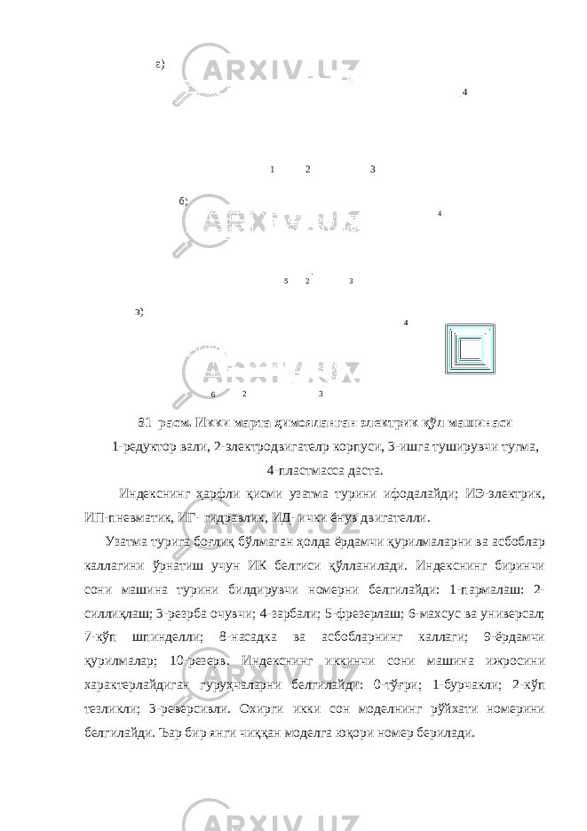 а)1 2 3 4 б) 5 2 3 4 в) 6 2 3 4 81–расм. Икки марта ҳимояланган электрик қўл машинаси 1-редуктор вали, 2-электродвигателp корпуси, 3-ишга туширувчи тугма, 4-пластмасса даста. Индекснинг ҳарфли қисми узатма турини ифодалайди; ИЭ-электрик, ИП-пневматик, ИГ- гидравлик, ИД- ички ёнув двигателли. Узатма турига боғлиқ бўлмаган ҳолда ёрдамчи қурилмаларни ва асбоблар каллагини ўрнатиш учун ИК белгиси қўлланилади. Индекснинг биринчи сони машина турини билдирувчи номерни белгилайди: 1-пармалаш: 2- силлиқлаш; 3-резpба очувчи; 4-зарбали; 5-фрезерлаш; 6-махсус ва универсал; 7-кўп шпинделли; 8-насадка ва асбобларнинг каллаги; 9-ёрдамчи қурилмалар; 10-резерв. Индекснинг иккинчи сони машина ижросини характерлайдиган гуруҳча ларни белгилайди: 0-тўғри; 1-бурчакли; 2-кўп тезликли; 3-реверсивли. Охирги икки сон моделнинг рўйхати номерини белгилайди. Ъар бир янги чиққан моделга юқори номер берилади. 