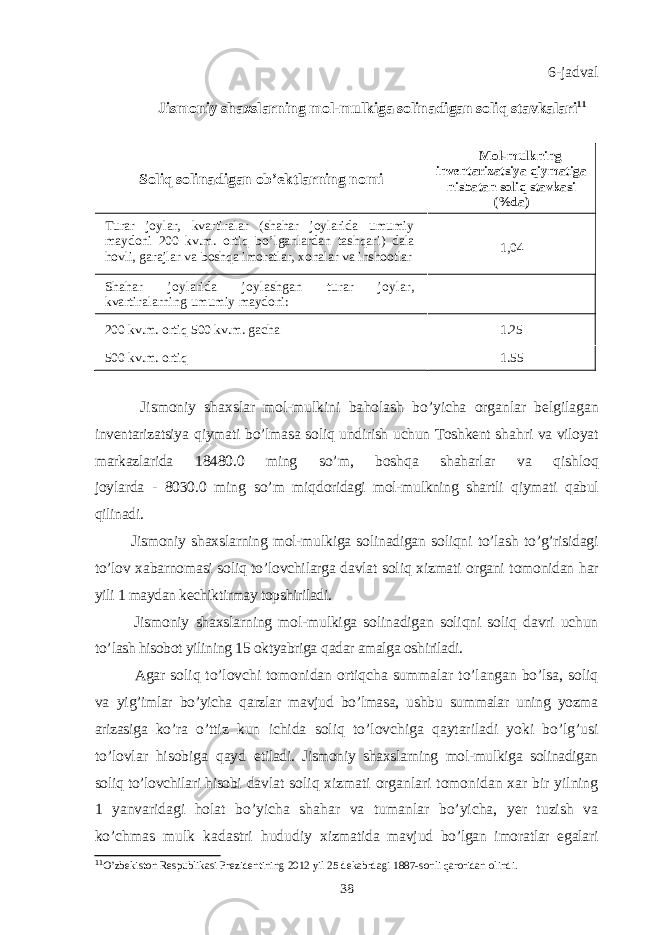 6-jadval Jismoniy shaxslarning mol-mulkiga solinadigan soliq stavkalari 11 Soliq solinadigan ob’ektlarning nomi Mol-mulkning inventarizatsiya q iymatiga nisbatan soliq stavkasi (%da) Turar joylar, kvartiralar (shahar joylarida umumiy maydoni 200 kv.m. ortiq b o’ lganlardan tash q ari) dala h ovli, garajlar va bosh q a imoratlar, xonalar va inshootlar 1,04 Shahar joylarida joylashgan turar joylar, kvartiralarning umumiy maydoni: 200 kv.m. ortiq 500 kv.m. gacha 1.25 500 kv.m. orti q 1.55 Jismoniy shaxslar mol-mulkini ba h olash bo’yicha organlar belgilagan inventarizatsiya q iymati b o’ lmasa soliq undirish uchun Toshkent sha h ri va viloyat markazlarida 18480.0 ming s o’ m, bosh q a shaharlar va q ishlo q joylarda - 8030.0 ming s o’ m mi q doridagi mol-mulkning shartli q iymati q abul q ilinadi. Jismoniy shaxslarning mol-mulkiga solinadigan soliqni to’lash to’g’risidagi to’lov xabarnomasi soliq to’lovchilarga davlat soliq xizmati organi tomonidan har yili 1 maydan kechiktirmay topshiriladi. Jismoniy shaxslarning mol-mulkiga solinadigan soliqni soliq davri uchun t o’ lash hisobot yilining 15 oktyabriga q adar amalga oshiriladi. Agar soliq to’lovchi tomonidan ortiqcha summalar to’langan bo’lsa, soliq va yig’imlar bo’yicha qarzlar mavjud bo’lmasa, ushbu summalar uning yozma arizasiga ko’ra o’ttiz kun ichida soliq to’lovchiga qaytariladi yoki bo’lg’usi to’lovlar hisobiga qayd etiladi. Jismoniy shaxslarning mol-mulkiga solinadigan soliq to’lovchilari hisobi davlat soliq xizmati organlari tomonidan xar bir yilning 1 yanvaridagi holat bo’yicha shahar va tumanlar bo’yicha, yer tuzish va ko’chmas mulk kadastri hududiy xizmatida mavjud bo’lgan imoratlar egalari 11 O’zbekiston Respublikasi Prezidentining 2012 yil 25 dekabrdagi 1887 - sonli qaroridan olindi. 38 