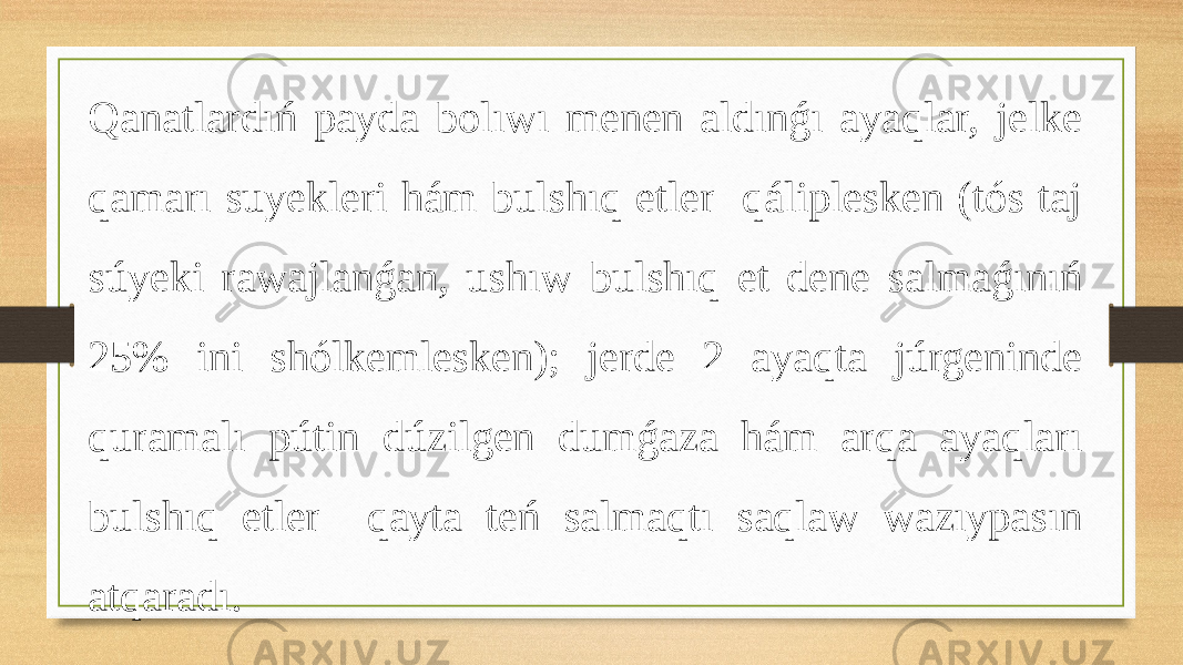 Qanatlardıń payda bolıwı menen aldınǵı ayaqlar, jelke qamarı suyekleri hám bulshıq etler qáliplesken (tós taj súyeki rawajlanǵan, ushıw bulshıq et dene salmaǵınıń 25% ini shólkemlesken); jerde 2 ayaqta júrgeninde quramalı pútin dúzilgen dumǵaza hám arqa ayaqları bulshıq etler qayta teń salmaqtı saqlaw wazıypasın atqaradı. 