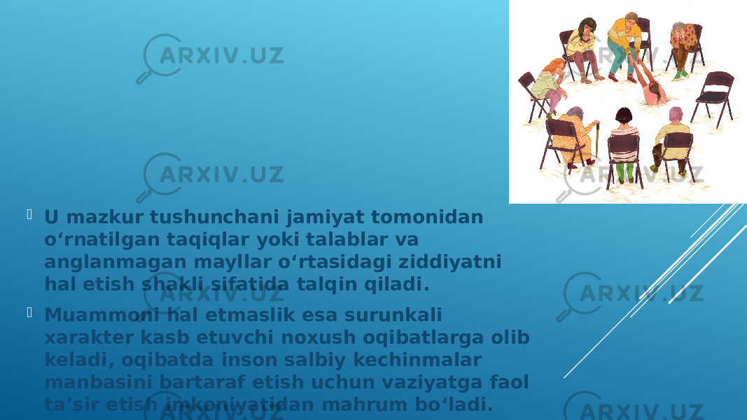  U mazkur tushunchani jamiyat tomonidan o‘rnatilgan taqiqlar yoki talablar va anglanmagan mayllar o‘rtasidagi ziddiyatni hal etish shakli sifatida talqin qiladi.  Muammoni hal etmaslik esa surunkali xarakter kasb etuvchi noxush oqibatlarga olib keladi, oqibatda inson salbiy kechinmalar manbasini bartaraf etish uchun vaziyatga faol ta’sir etish imkoniyatidan mahrum bo‘ladi. 