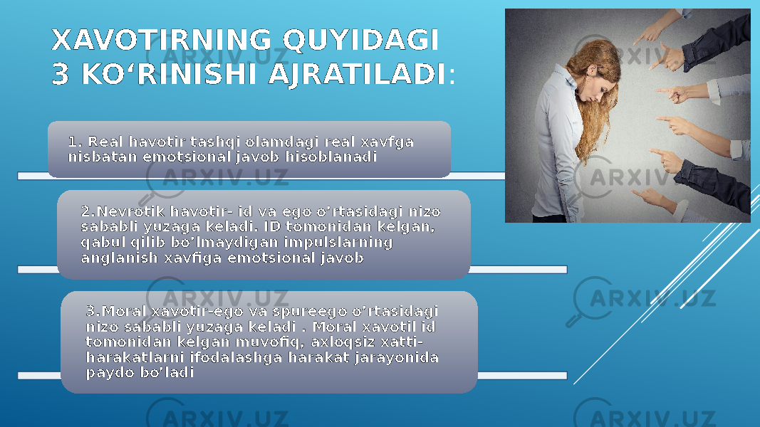 XAVOTIRNING QUYIDAGI 3 KO‘RINISHI AJRATILADI : 1. Real havotir tashqi olamdagi real xavfga nisbatan emotsional javob hisoblanadi 2.Nevrotik havotir- id va ego o’rtasidagi nizo sababli yuzaga keladi. ID tomonidan kelgan, qabul qilib bo’lmaydigan impulslarning anglanish xavfiga emotsional javob 3.Moral xavotir-ego va spureego o’rtasidagi nizo sababli yuzaga keladi . Moral xavotil id tomonidan kelgan muvofiq, axloqsiz xatti- harakatlarni ifodalashga harakat jarayonida paydo bo’ladi 