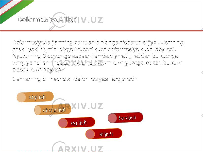 Deformasiya xillari Deformasiyada jismning zarralari bir-biriga nisbatan siljiydi. Jismning shakli yoki hajmini o’zgartirubchi kuch deformasiya kuchi deyiladi. Nyutonning 3-qonuniga asosan jismda qiymati jihatidan bu kuchga teng, yo’nalishi jihatidan qarama-qarshi kuch yuzaga keladi, bu kuch elastik kuch deyiladi. Jismlarning bir necha xil deformasiyasi farqlanadi:siq ilis h c h o ’z ilis h e g ilis h s iljis h bura lish 