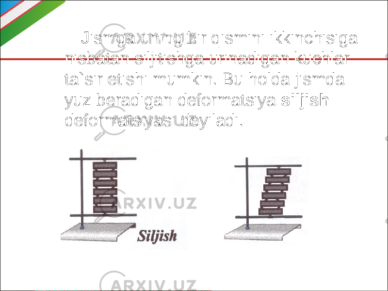  Jismga uning bir qismini ikkinchisiga nisbatan siljitishga urinadigan kuchlar ta`sir etishi mumkin. Bu holda jismda yuz beradigan deformatsiya siljish deformatsiyasi deyiladi. 