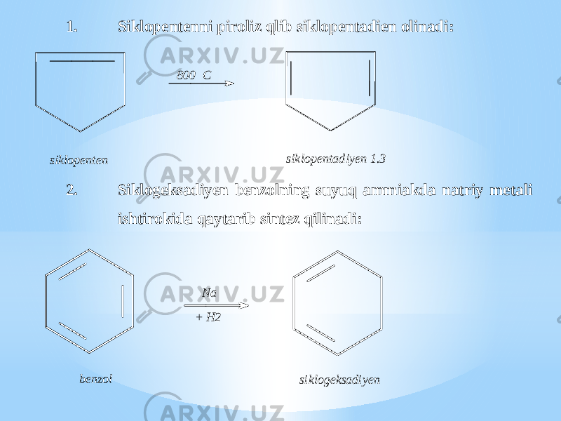 1. Siklopentenni piroliz qlib siklopentadien olinadi : 800 C siklopenten siklopentadiyen 1.3 2. Siklogeksadiyen benzolning suyuq ammiakda natriy metali ishtirokida qaytarib sintez qilinadi : N a + H 2 benzol siklogeksadiyen 