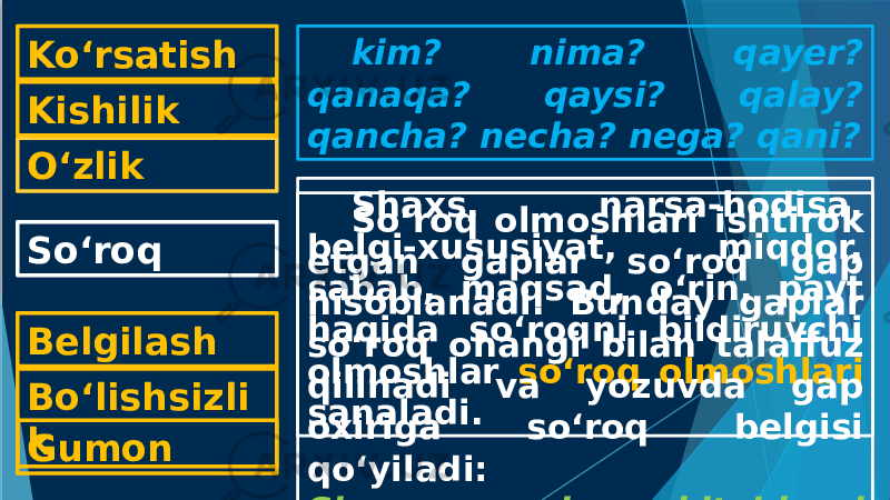 Ko‘rsatish O‘zlikKishilik Belgilash Bo‘lishsizli kSo‘roq Gumon kim? nima? qayer? qanaqa? qaysi? qalay? qancha? necha? nega? qani? Shaxs, narsa-hodisa, belgi-xususiyat, miqdor, sabab, maqsad, o‘rin, payt haqida so‘roqni bildiruvchi olmoshlar so‘roq olmoshlari sanaladi. So‘roq olmoshlari ishtirok etgan gaplar so‘roq gap hisoblanadi. Bunday gaplar so‘roq ohangi bilan talaffuz qilinadi va yozuvda gap oxiriga so‘roq belgisi qo‘yiladi: Siz qaysi kitoblarni o‘qigansiz? 