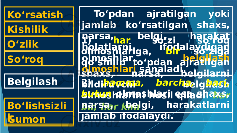 Ko‘rsatish O‘zlikKishilik Belgilash Bo‘lishsizli kSo‘roq Gumon To‘pdan ajratilgan yoki jamlab ko‘rsatilgan shaxs, narsa, belgi, harakat holatlarni ifodalaydigan olmoshlar belgilash olmoshlari sanaladi.1) har so‘zi so‘roq olmoshlariga, bir so‘ziga qo‘shilib to‘pdan ajratilgan shaxs, narsa, belgilarni bildiruvchi belgilash olmoshlarini hosil qiladi: har bir, har kim2) hamma, barcha, bari, butun olmoshlari esa shaxs, narsa, belgi, harakatlarni jamlab ifodalaydi. 