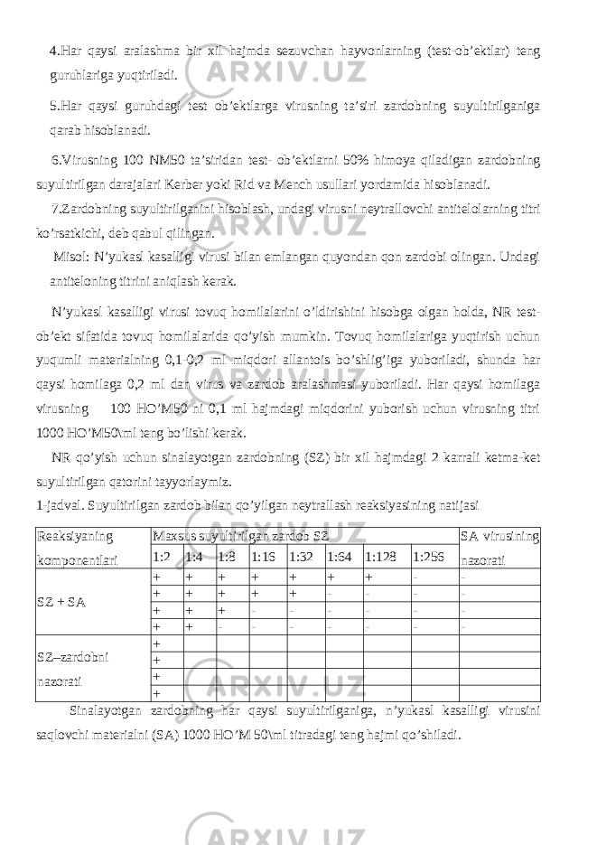 4.Har qaysi aralashma bir xil hajmda sezuvchan hayvonlarning (test-ob’ektlar) teng guruhlariga yuqtiriladi. 5.Har qaysi guruhdagi test ob’ektlarga virusning ta’siri zardobning suyultirilganiga qarab hisoblanadi. 6.Virusning 100 NM50 ta’siridan test- ob’ektlarni 50% himoya qiladigan zardobning suyultirilgan darajalari Kerber yoki Rid va Mench usullari yordamida hisoblanadi. 7.Zardobning suyultirilganini hisoblash, undagi virusni neytrallovchi antitelolarning titri ko’rsatkichi, deb qabul qilingan. Misol: N’yukasl kasalligi virusi bilan emlangan quyondan qon zardobi olingan. Undagi antiteloning titrini aniqlash kerak. N’yukasl kasalligi virusi tovuq homilalarini o’ldirishini hisobga olgan holda, NR test- ob’ekt sifatida tovuq homilalarida qo’yish mumkin. Tovuq homilalariga yuqtirish uchun yuqumli materialning 0,1-0,2 ml miqdori allantois bo’shlig’iga yuboriladi, shunda har qaysi homilaga 0,2 ml dan virus va zardob aralashmasi yuboriladi. Har qaysi homilaga virusning 100 HO’M50 ni 0,1 ml hajmdagi miqdorini yuborish uchun virusning titri 1000 HO’M50\ml teng bo’lishi kerak. NR qo’yish uchun sinalayotgan zardobning (SZ) bir xil hajmdagi 2 karrali ketma-ket suyultirilgan qatorini tayyorlaymiz. 1-jadval. Suyultirilgan zardob bilan qo’yilgan neytrallash reaksiyasining natijasi Reaksiyaning komponentlari Maxsus suyultirilgan zardob SZ SA virusining nazorati1:2 1:4 1:8 1:16 1:32 1:64 1:128 1:256 SZ + SA + + + + + + + - - + + + + + - - - - + + + - - - - - - + + - - - - - - - SZ–zardobni nazorati + + + + Sinalayotgan zardobning har qaysi suyultirilganiga , n ’ yukasl kasalligi virusini saqlovchi materialni ( SA ) 1000 HO ’ M 50\ ml titradagi teng hajmi qo ’ shiladi . 