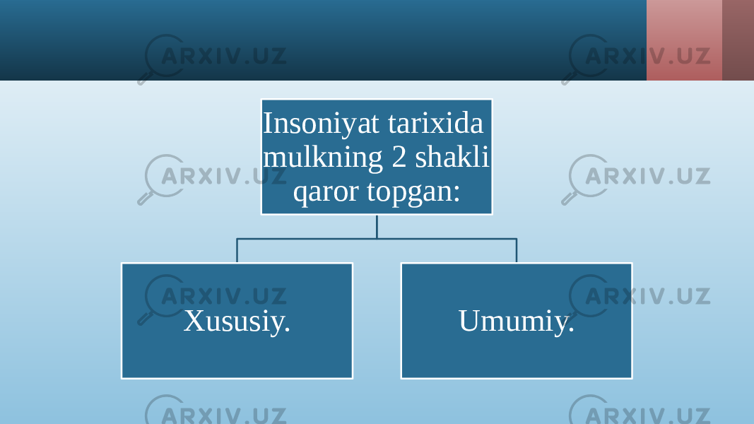 Insoniyat tarixida mulkning 2 shakli qaror topgan: Xususiy. Umumiy. 