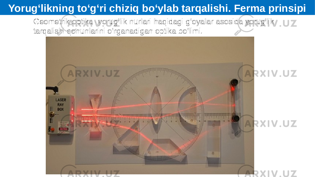 Geometrik optika- yorug‘lik nurlari haqidagi g‘oyalar asosida yorug‘lik tarqalishi qonunlarini o‘rganadigan optika bo‘limi.Yorug‘likning to‘g‘ri chiziq bo‘ylab tarqalishi. Ferma prinsipi 